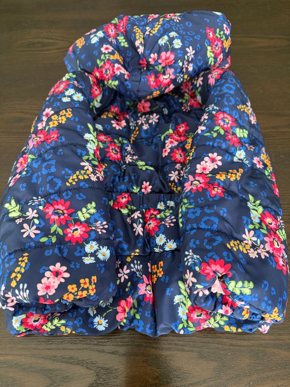 Little Me Navy Floral Hooded Puffer with Pink Lining and Bow - Picture 4 of 7
